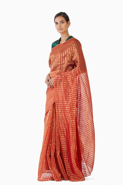 Handwoven Orange Gold Striped Silk Zari Saree Fashion Akaaro 