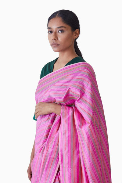 Handwoven Pink Multi Striped Silk Saree Fashion Akaaro
