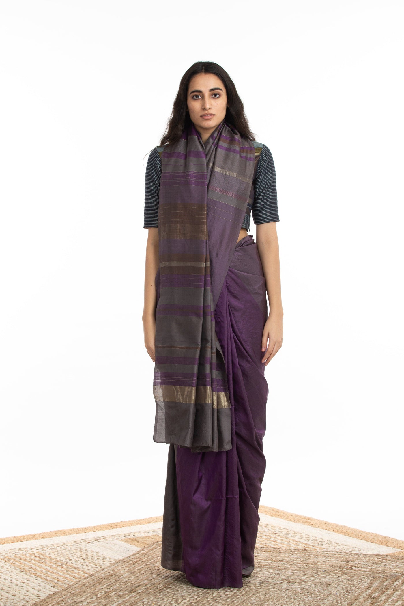 Handwoven Purple Grey Chevron Engineered Saree Fashion Akaaro