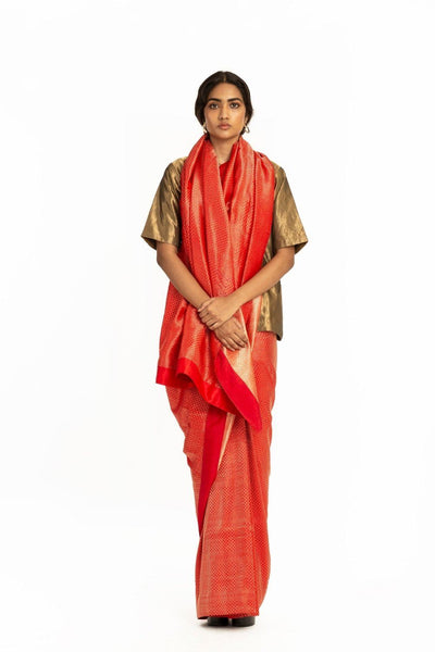 Handwoven Red Dotted Varanasi Saree Fashion Akaaro
