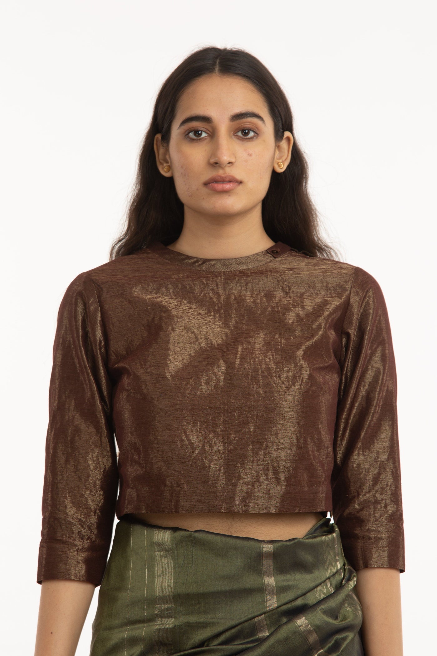 Handwoven Red Shameem Collared Back Yoke Blouse Fashion Akaaro