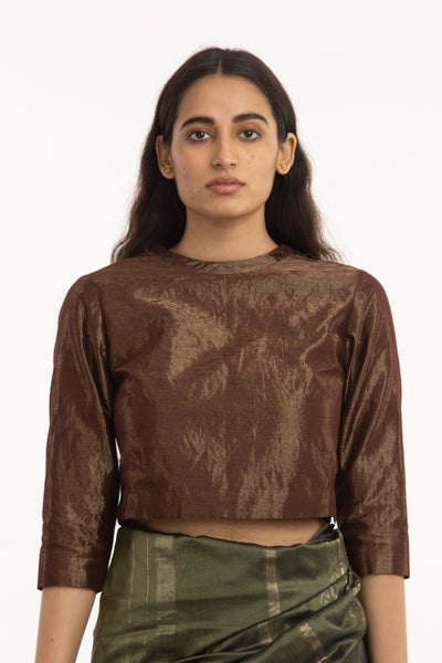 Handwoven Red Shameem Collared Back Yoke Blouse Fashion Akaaro