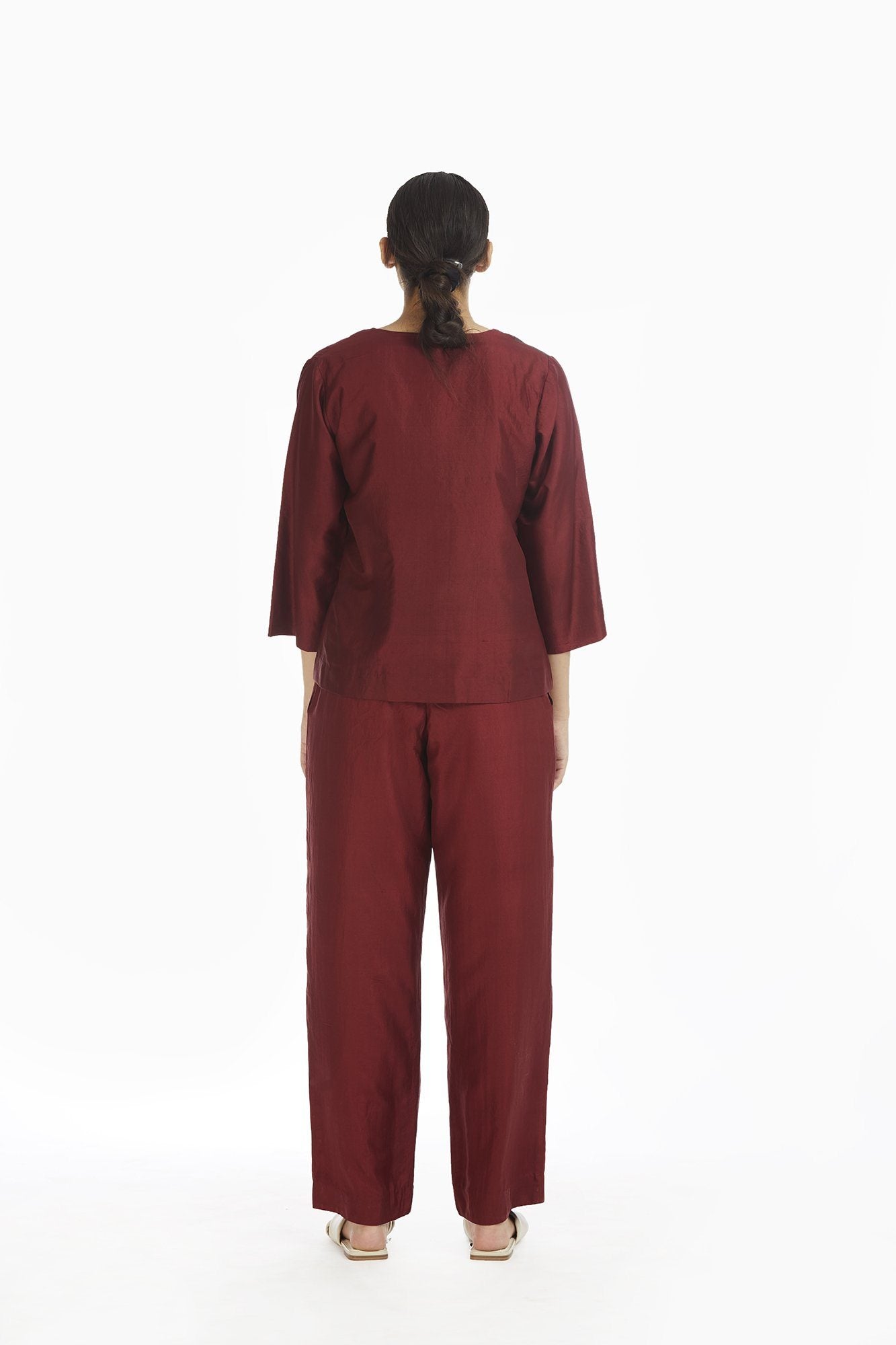 Handwoven Red Silk Straight Pants Fashion Akaaro 