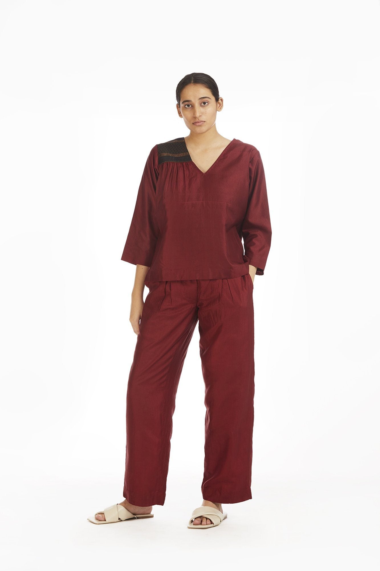 Handwoven Red Silk Straight Pants Fashion Akaaro