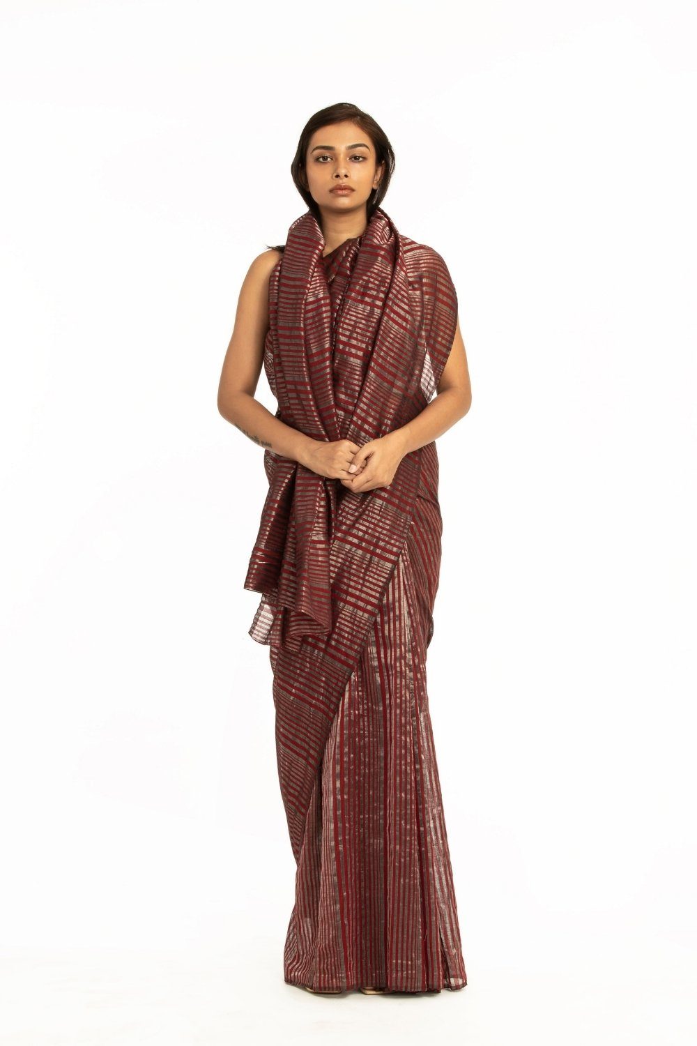 Handwoven Red Silver Striped Silk Cotton Linen Zari Saree Fashion Akaaro