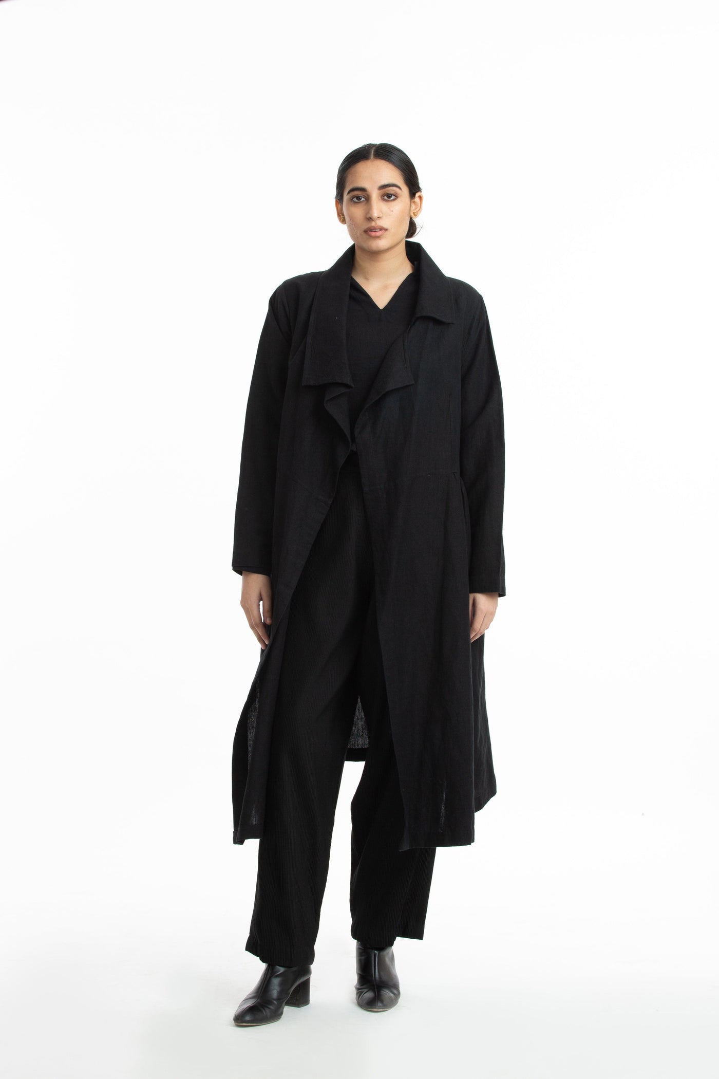 Handwoven Side Gathered Black Long Jacket Fashion Akaaro