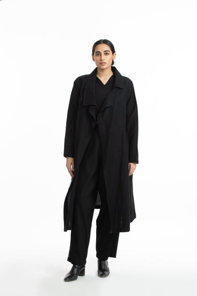 Handwoven Side Gathered Black Long Jacket Fashion Akaaro