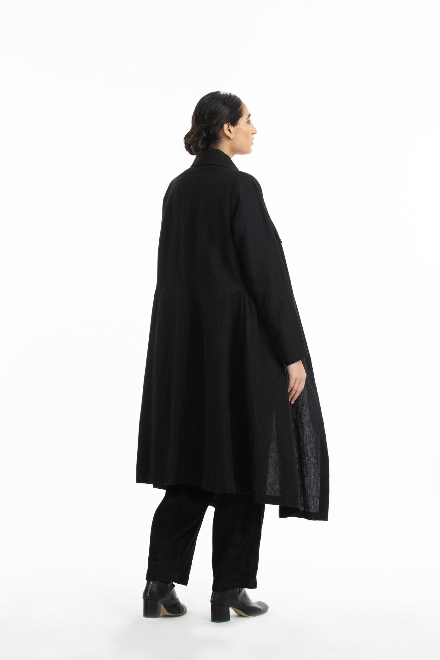 Handwoven Side Gathered Black Long Jacket Fashion Akaaro