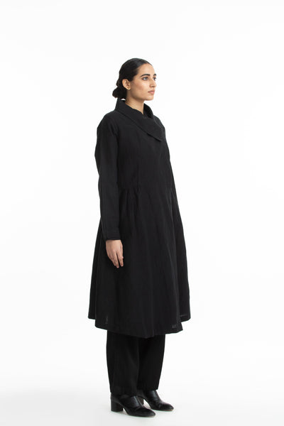 Handwoven Side Gathered Black Long Jacket Fashion Akaaro