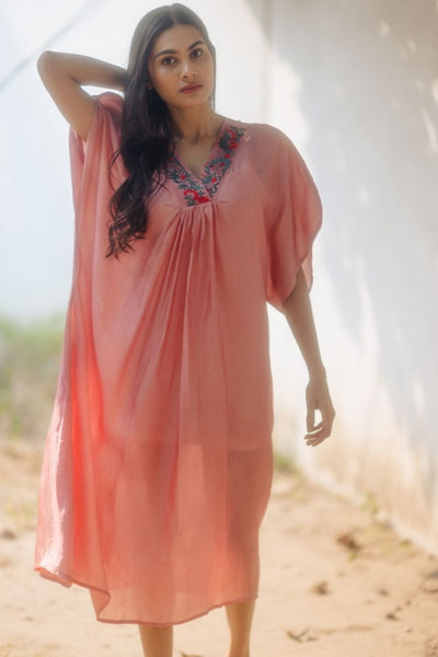 Handwoven Silk Kaftan Dress With Overlap V Neck - OLD ROSE Fashion Juanita 