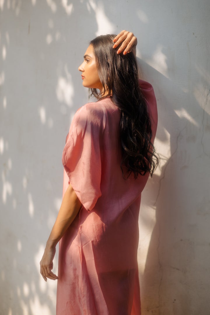 Handwoven Silk Kaftan Dress With Overlap V Neck - OLD ROSE Fashion Juanita 