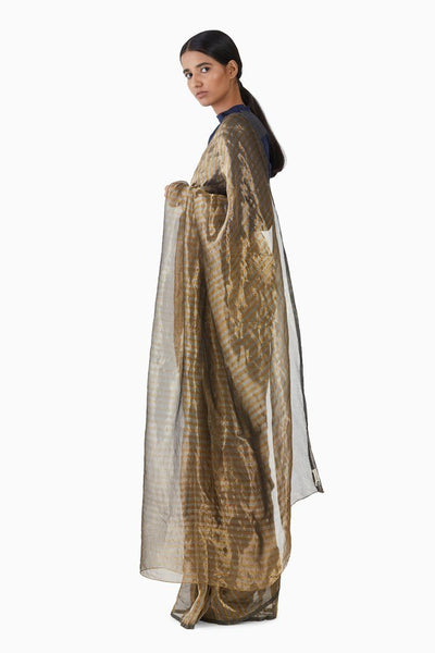 Handwoven Silver Gold Striped Saree Fashion Akaaro