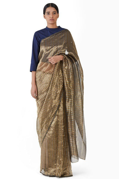 Handwoven Silver Gold Striped Saree Fashion Akaaro