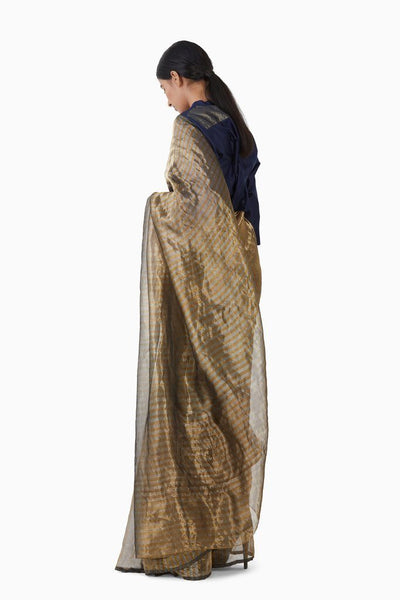 Handwoven Silver Gold Striped Saree Fashion Akaaro