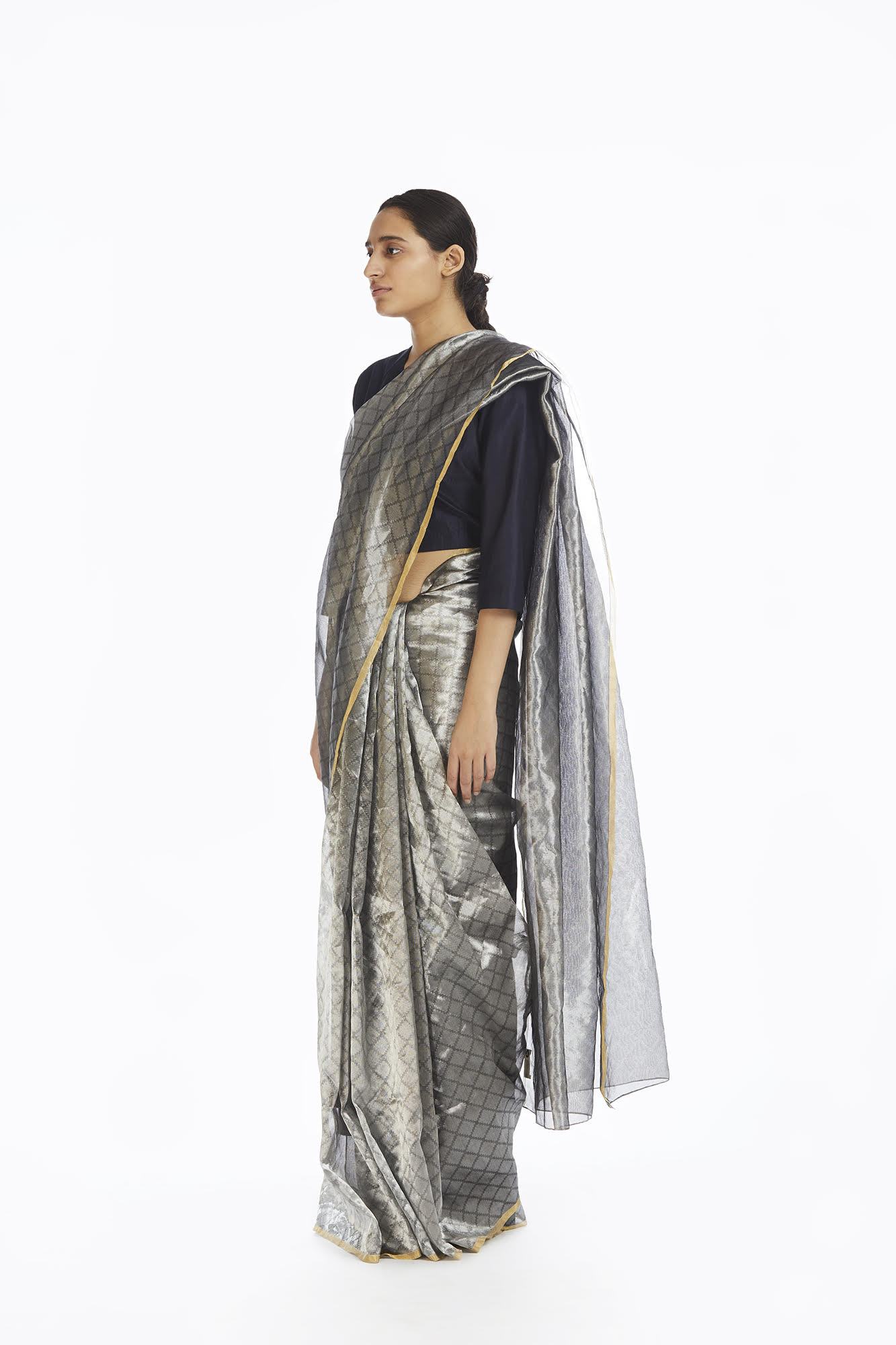 Handwoven Silver Longline Metallic Saree Fashion Akaaro