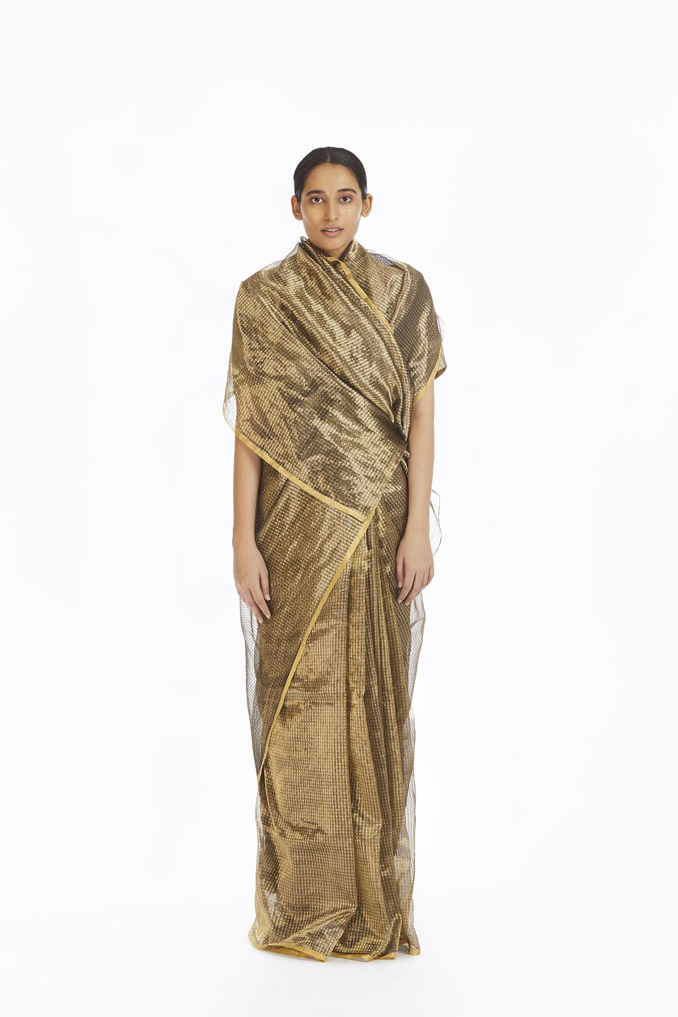 Handwoven Silver On Gold Textured Metallic Saree Fashion Akaaro