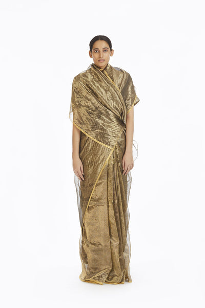 Handwoven Silver On Gold Textured Metallic Saree Fashion Akaaro