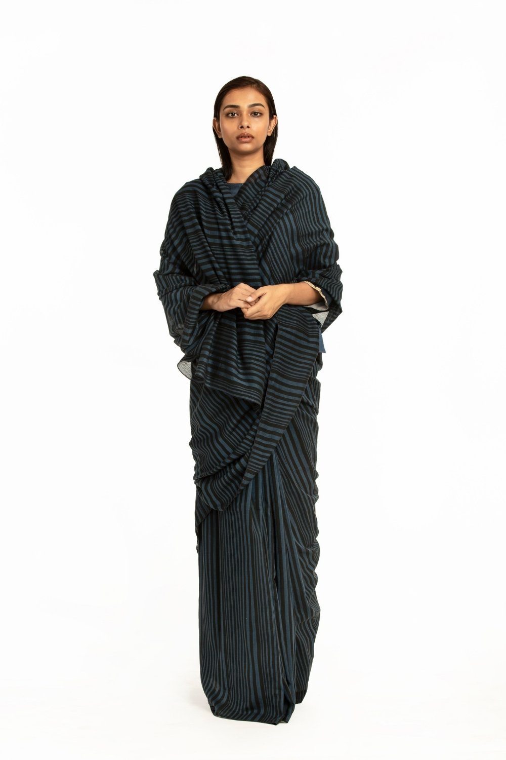 Handwoven Striped Blue Black Cotton Saree Fashion Akaaro 