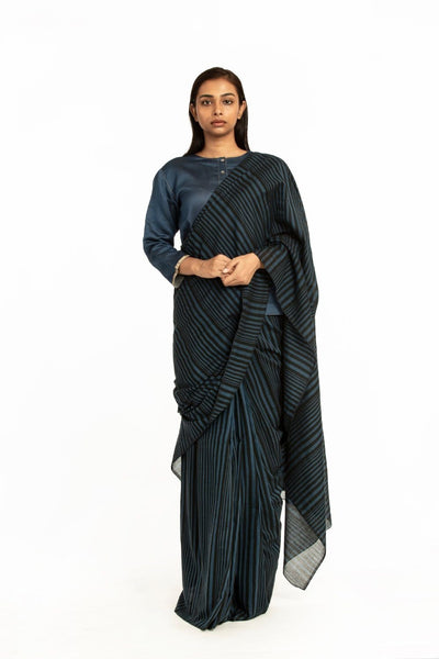 Handwoven Striped Blue Black Cotton Saree Fashion Akaaro