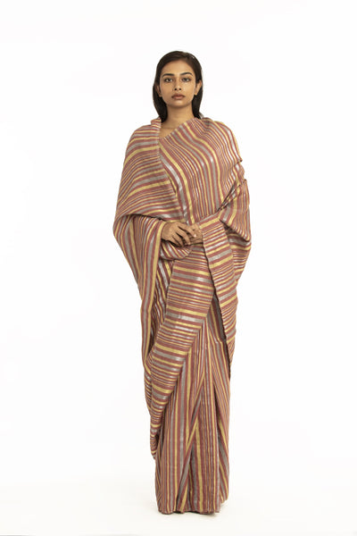 Handwoven Striped Linen Zari Cotton Silk Dustyred Saree Fashion Akaaro