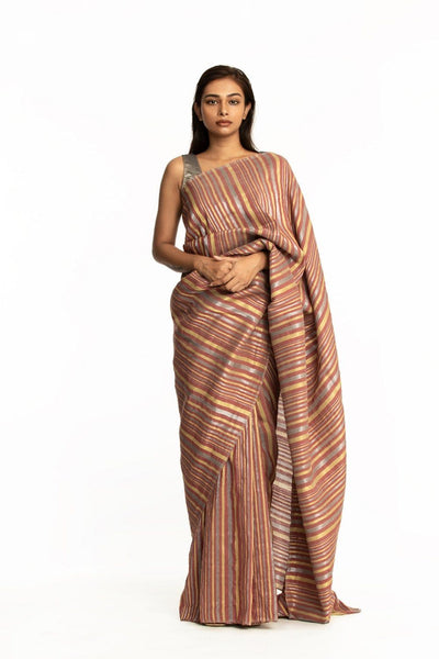 Handwoven Striped Linen Zari Cotton Silk Dustyred Saree Fashion Akaaro