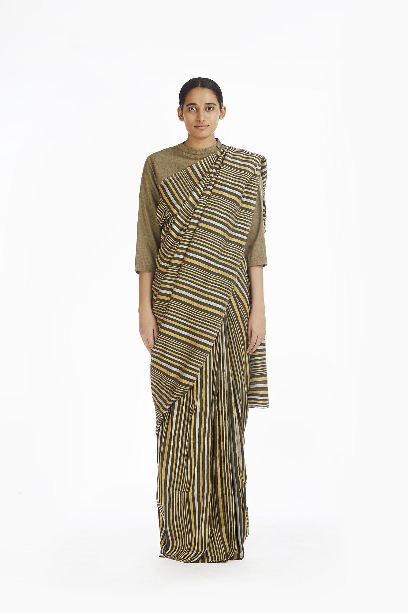 Handwoven Striped Linen Zari Cotton Silk Saree Fashion Akaaro