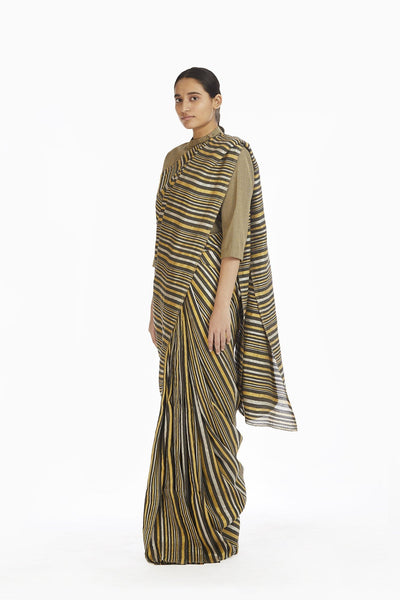Handwoven Striped Linen Zari Cotton Silk Saree Fashion Akaaro