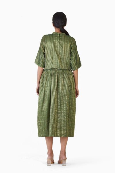 Handwoven Striped Metallic Gathered Dress Fashion Akaaro