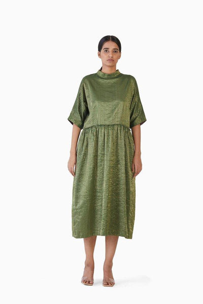 Handwoven Striped Metallic Gathered Dress Fashion Akaaro