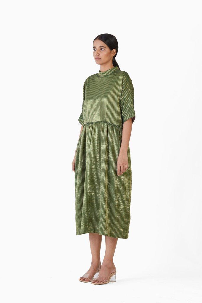 Handwoven Striped Metallic Gathered Dress Fashion Akaaro