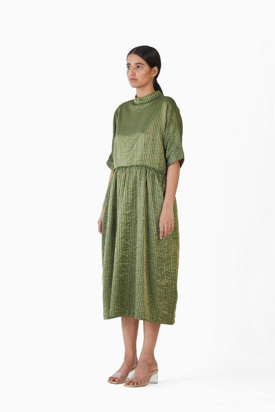 Handwoven Striped Metallic Gathered Dress Fashion Akaaro