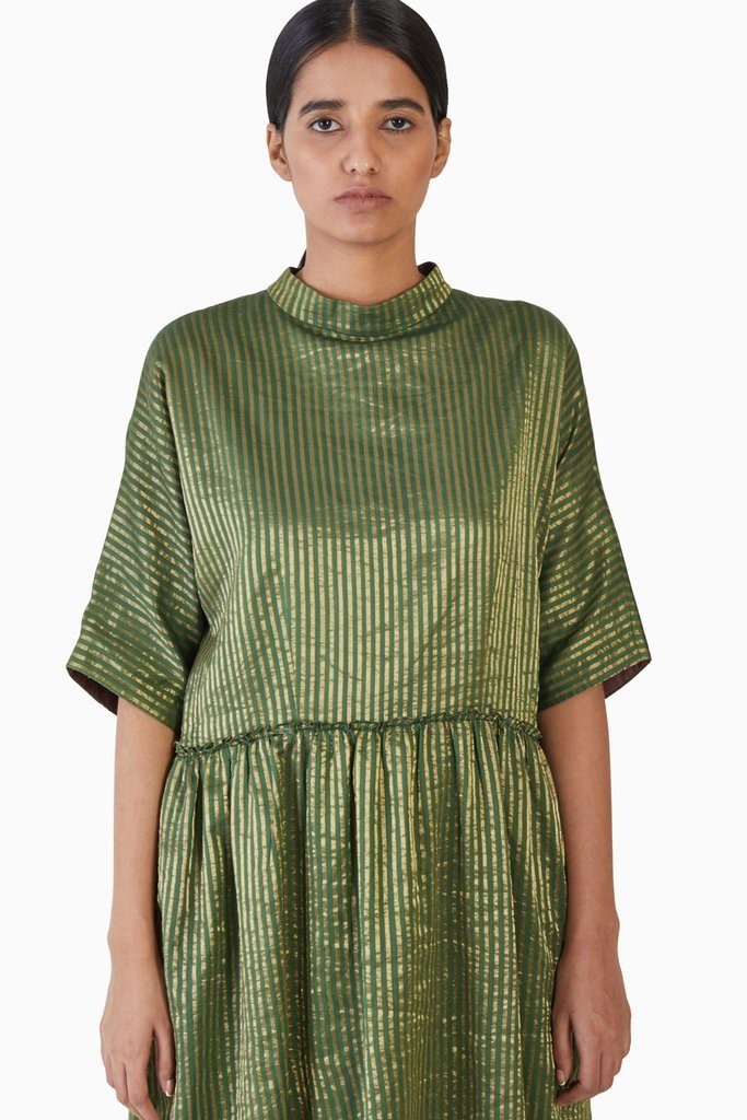 Handwoven Striped Metallic Gathered Dress Fashion Akaaro