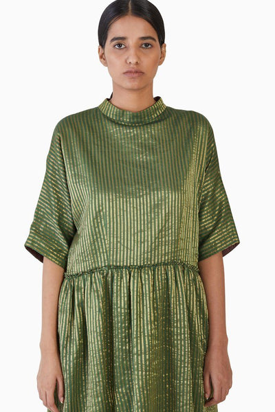 Handwoven Striped Metallic Gathered Dress Fashion Akaaro