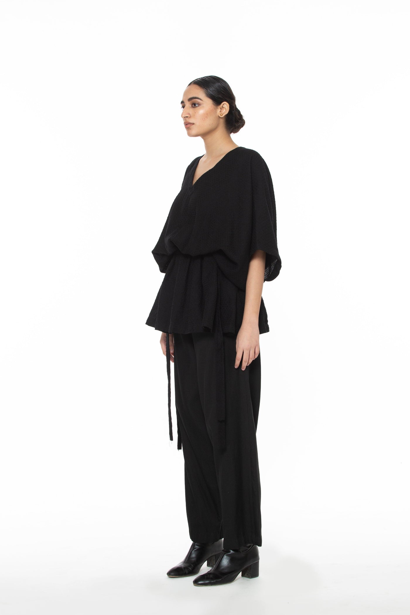 Handwoven V Neck Side Tie Marino Wool Top Fashion Akaaro