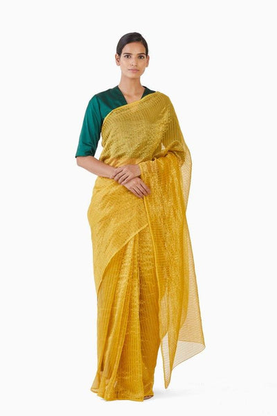 Handwoven Yellow Gold Striped Silk Zari Saree Fashion Akaaro