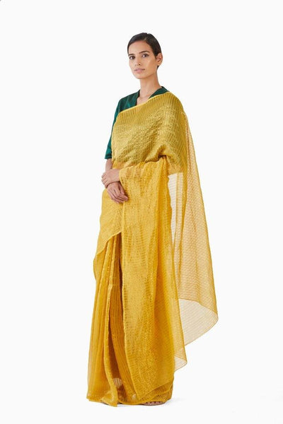 Handwoven Yellow Gold Striped Silk Zari Saree Fashion Akaaro 