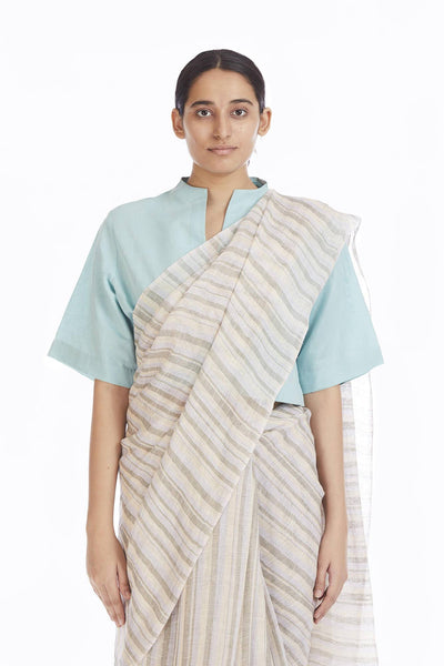 Handwoven Yellow Green Blue Striped Saree Fashion Akaaro