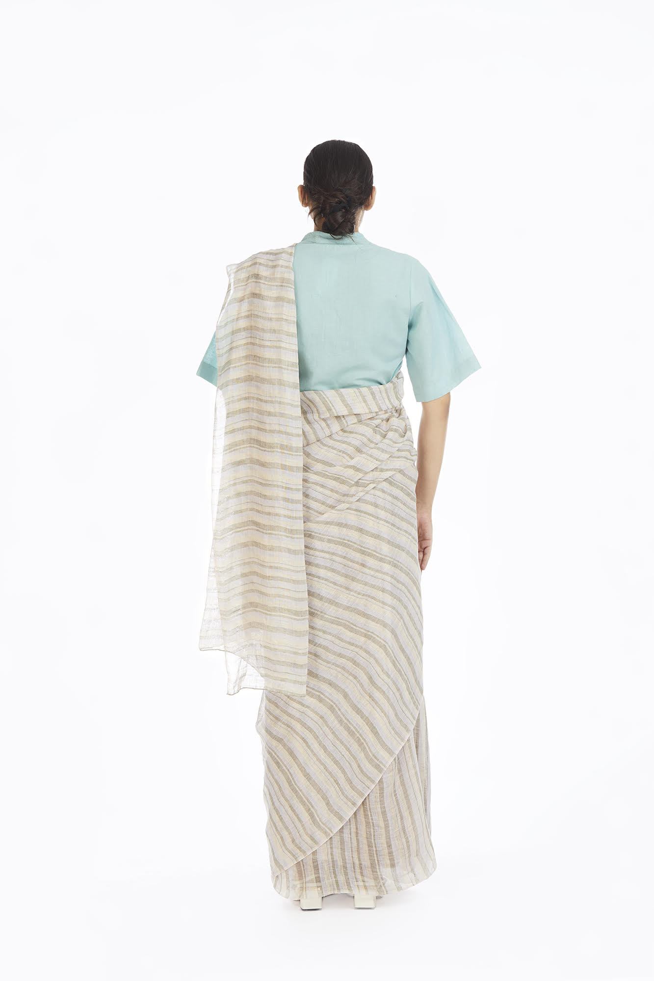 Handwoven Yellow Green Blue Striped Saree Fashion Akaaro