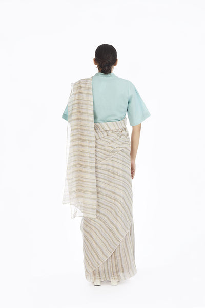 Handwoven Yellow Green Blue Striped Saree Fashion Akaaro