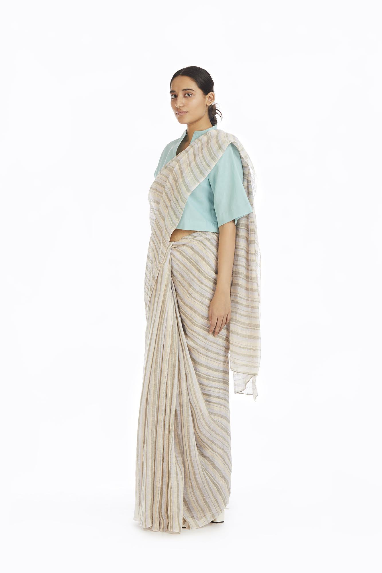 Handwoven Yellow Green Blue Striped Saree Fashion Akaaro