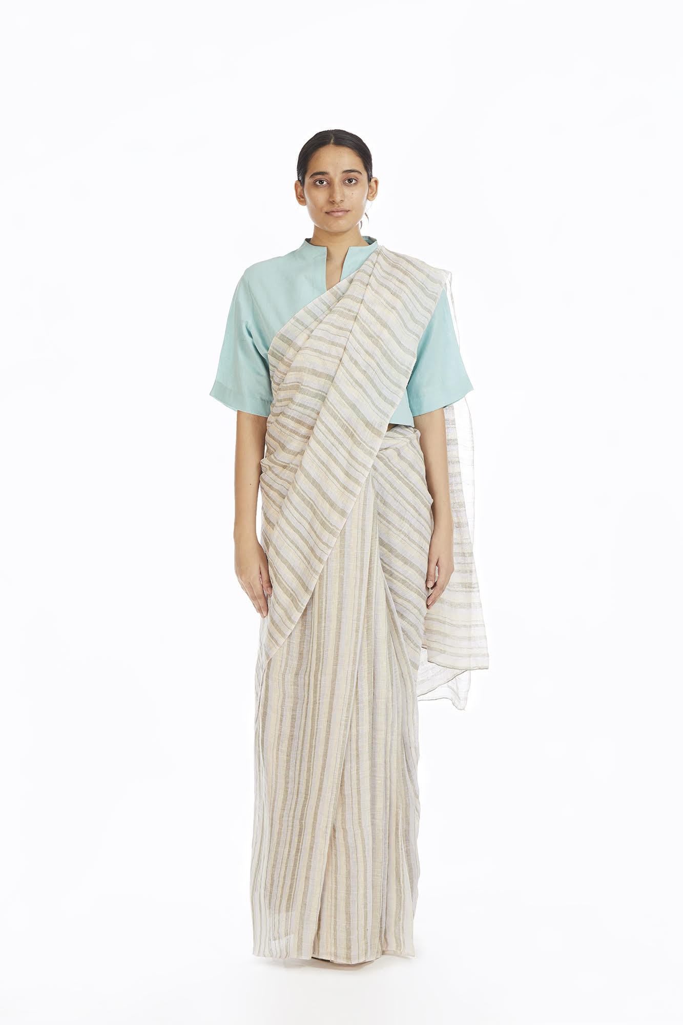 Handwoven Yellow Green Blue Striped Saree Fashion Akaaro