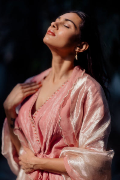 Handwoven Zari Comfort Fit Kaftan Set- LIGHT ROSE Fashion Juanita 