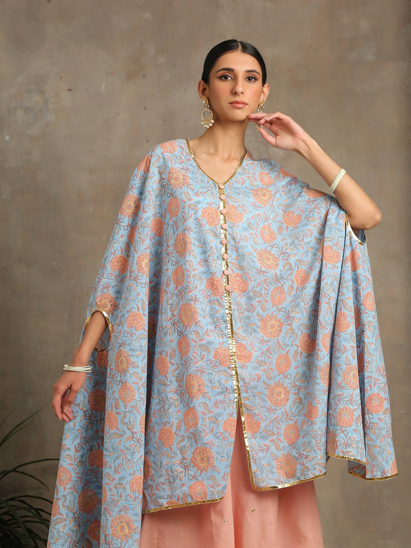 Heer Firoza- Turquoise Floral Printed Cotton Kaftan and Peach Zari Kalidar Palazzo Fashion Marche