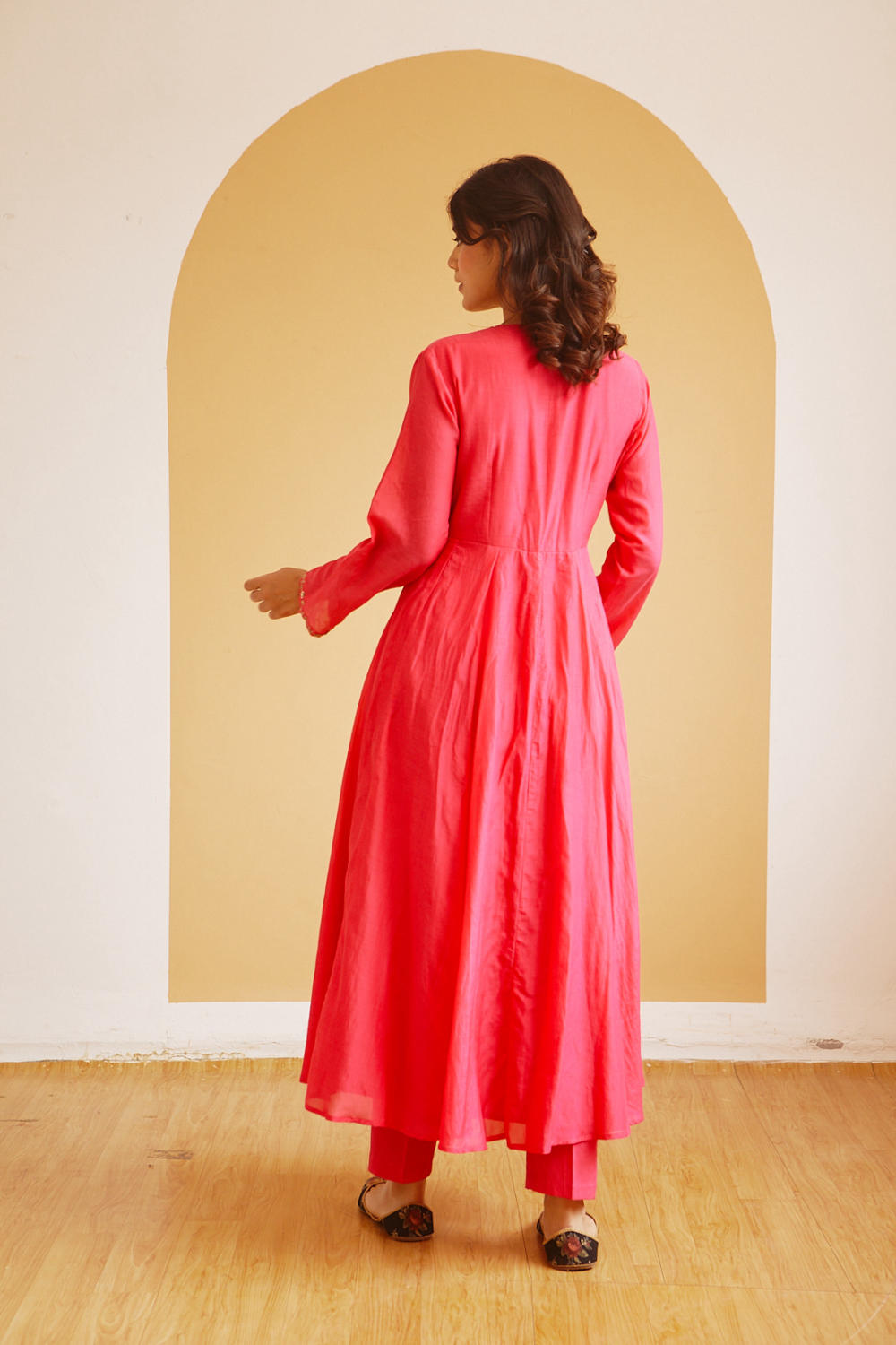 Hot pink handwoven cotton silk front gather kali style anarkali Set with Dupatta Fashion Juanita 
