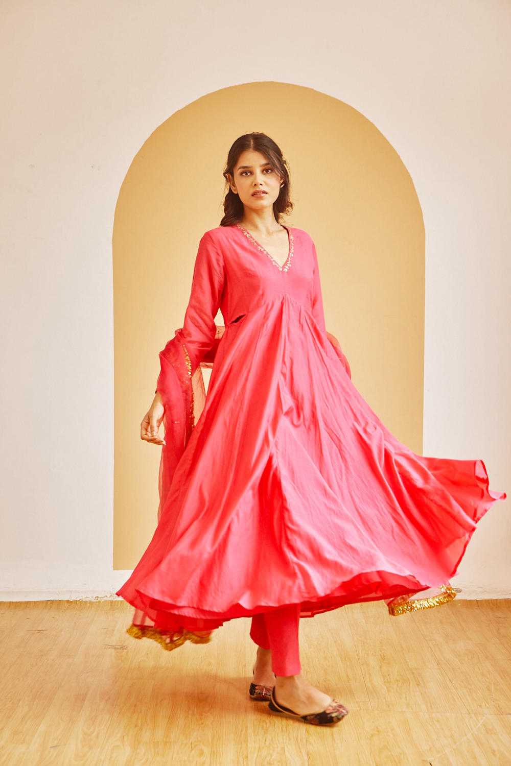 Hot pink handwoven cotton silk front gather kali style anarkali Set with Dupatta Fashion Juanita 
