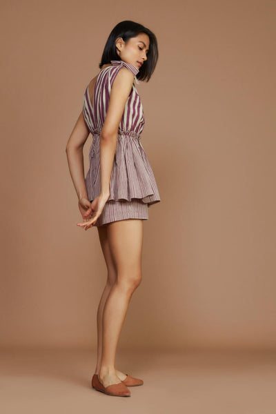 Ivory With Mauve Striped Frill Top and Shorts Co-Ord Set Fashion Mati