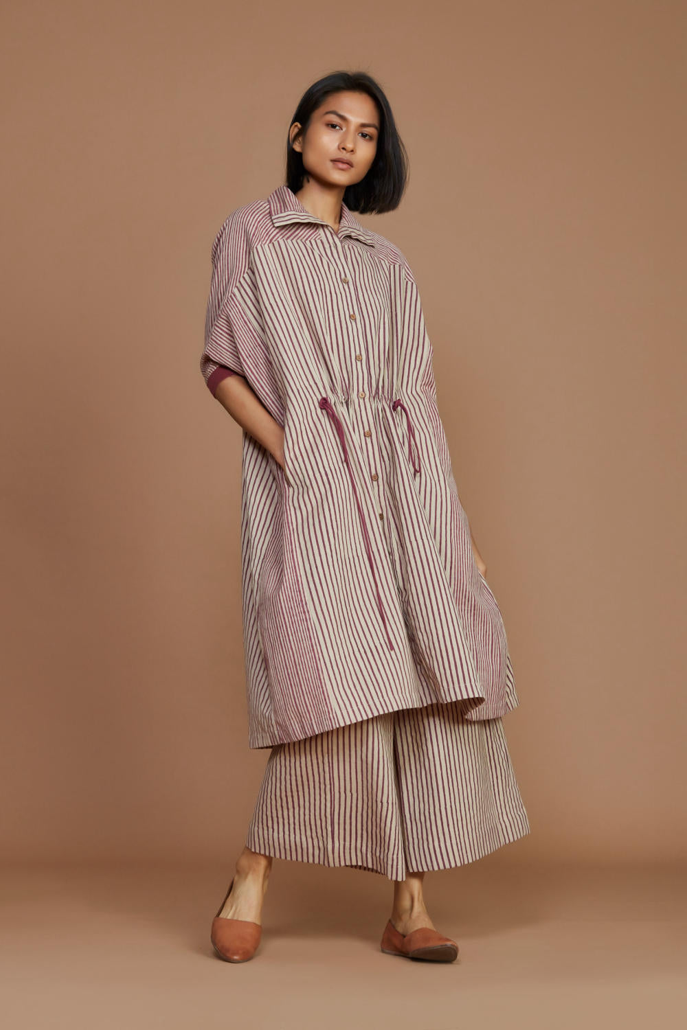 Ivory With Mauve Striped Kaftan Co-Ord Set Fashion Mati