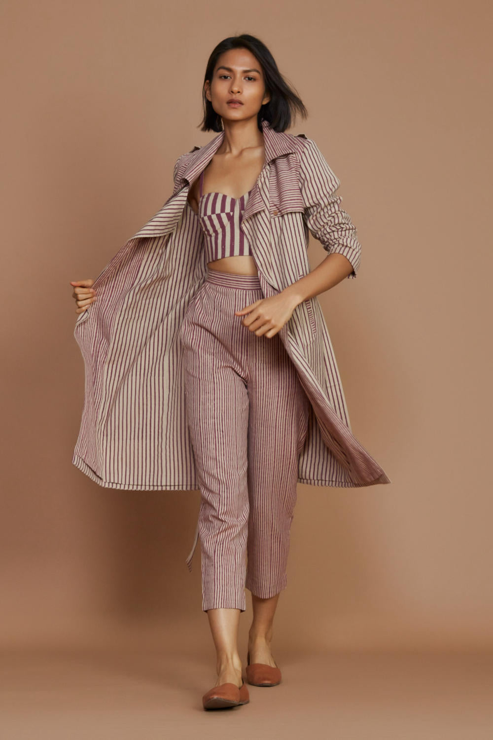 Ivory with Mauve Striped Trench & Corset Co-Ord Set Fashion Mati XS Co-ord Set of 3