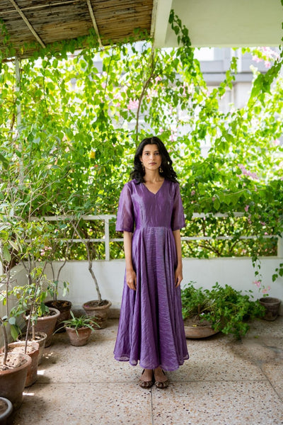 Juanita- Handwoven Banarsi Zari Dress Violet V Neck Fashion Juanita 