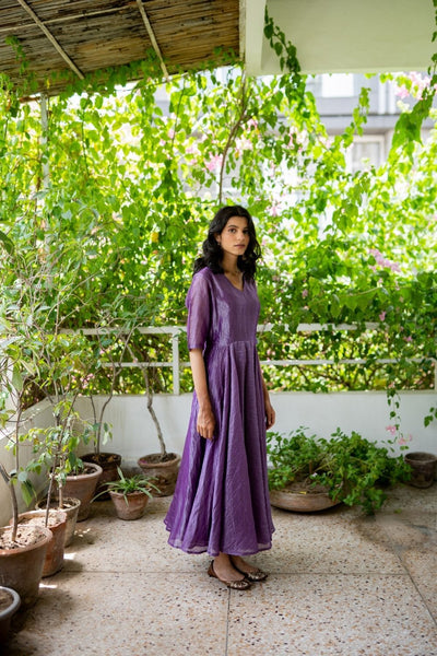 Juanita- Handwoven Banarsi Zari Dress Violet V Neck Fashion Juanita 